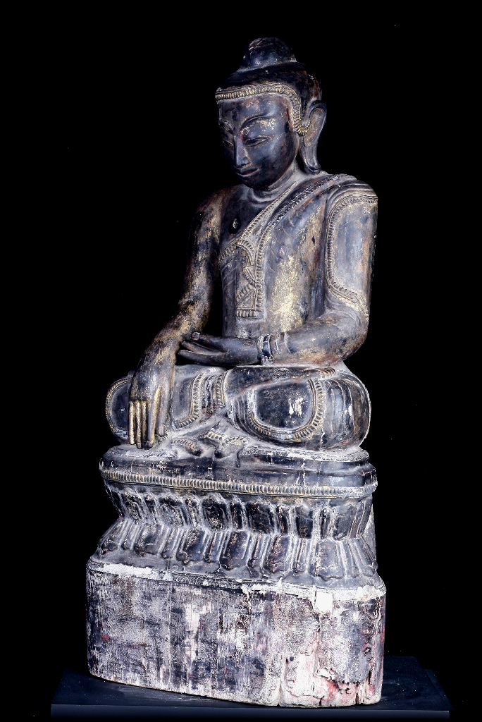 18C Wood Sitting Mon Burmese Buddha # A039
